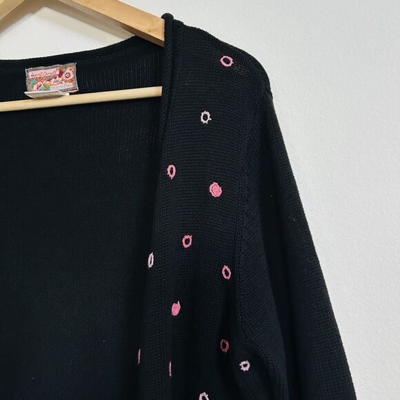 VTG April Cornell Size S Black Cardigan Pink Polka Dot Embroidery - Picture 7 of 9